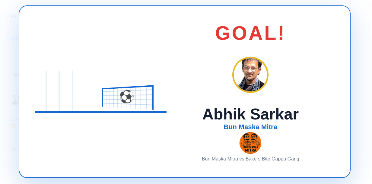 Live goal reveal display showing scorer, team, and match score