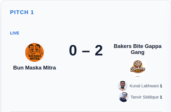 Live pitch scoreboard showing teams, score, and goal scorers