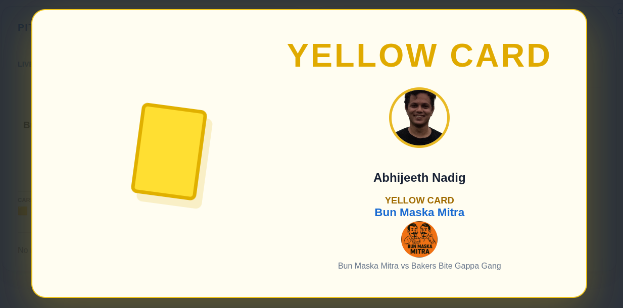 Live yellow card display showing player, team, and match context